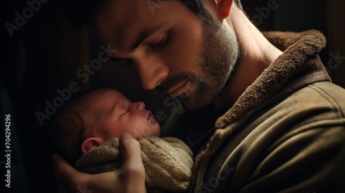 Close-up portrait of a young dad holding a newborn baby in his arms. Father's Day, family concept. photo