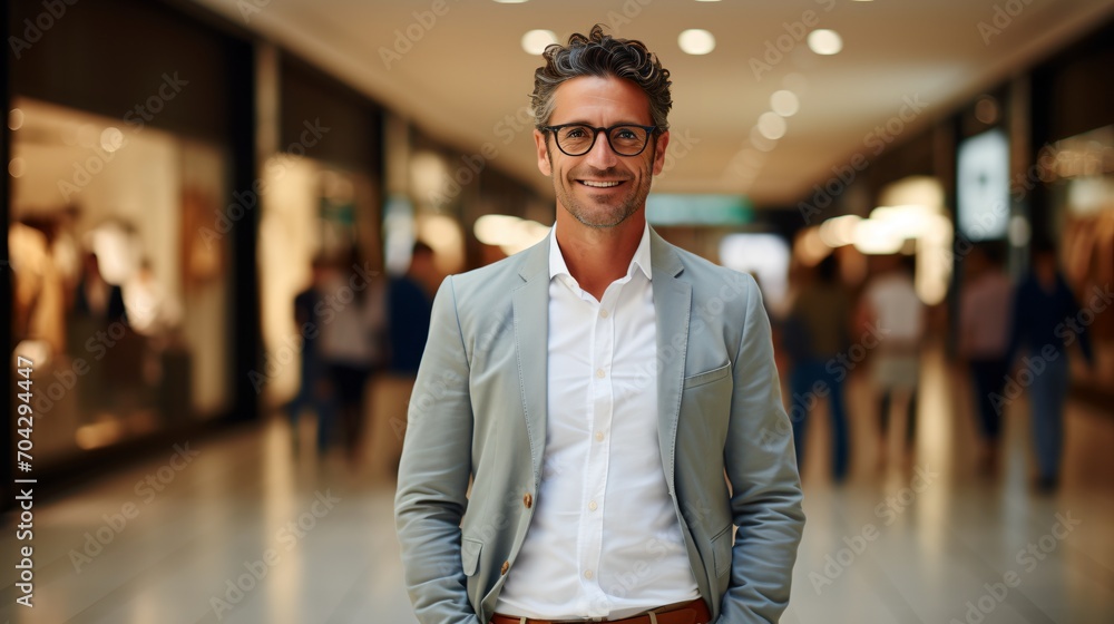 Businessman in glasses smiling in a shopping mall Businessman in glasses smiling in a shopping mall