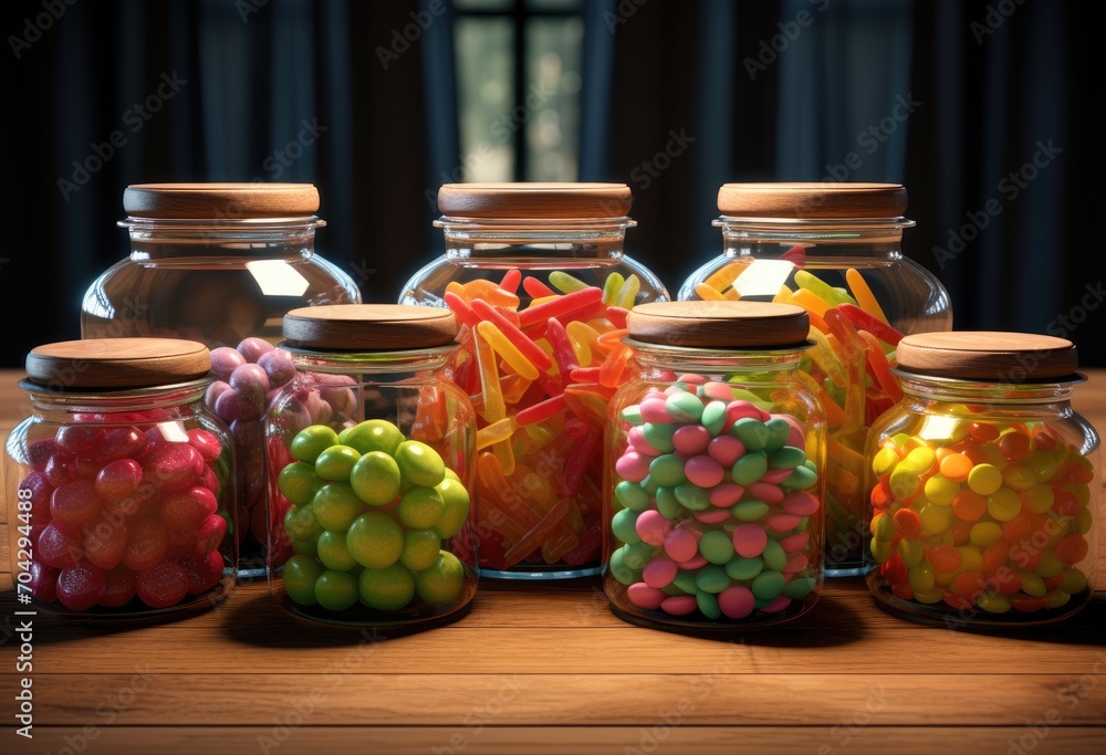 A vibrant jar filled with gummy bears, placed on a rustic wooden table. A vibrant jar filled with gummy bears, placed on a rustic wooden table.
