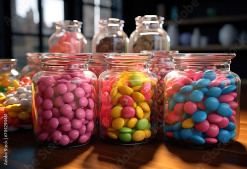 A vibrant jar filled with gummy bears, placed on a rustic wooden table.