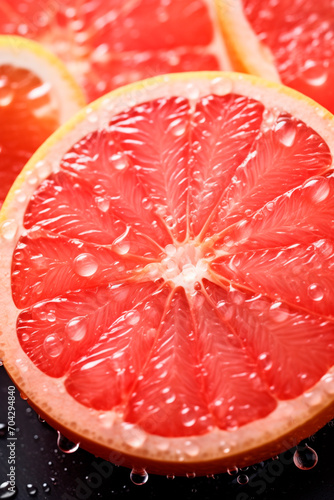 There are a lot of wet grapefruits. Selective focus.