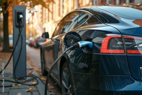 Close-up of electric car charging, ecology transportation concept.