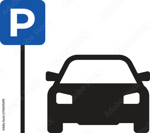 Car parking sign with letter p board and car icon isolated on white background