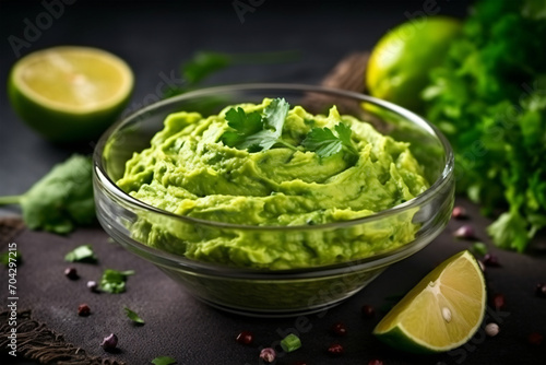 High angle tasty guacamole in bowl copy space concept Generate AI
