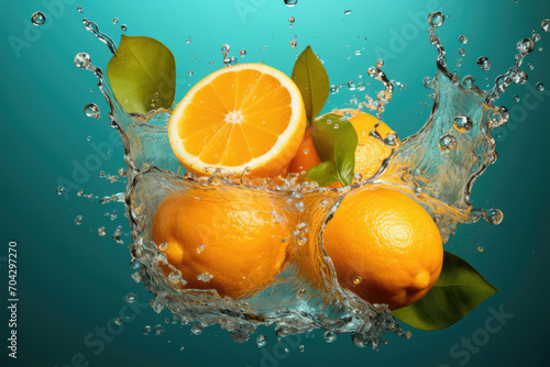 Cut oranges and splashing water