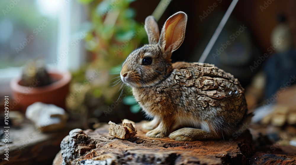 Fototapeta premium An image of a cork rabbit, with ears cut from thin slices of cork and a fluffy tail.