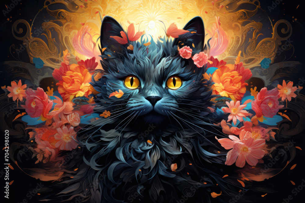 Black mystical cat in illustration style
