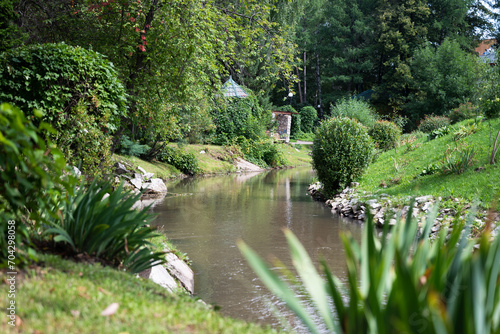 A cozy garden with a decorative lake and a bridge in summer.