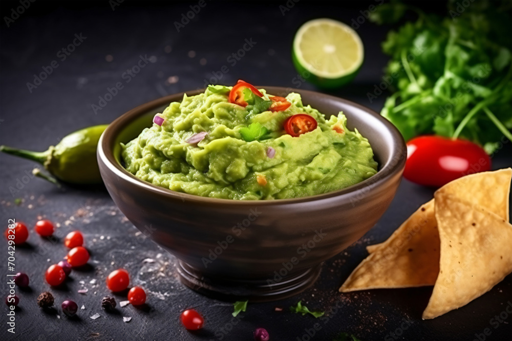 High angle tasty guacamole in bowl copy space concept Generate AI