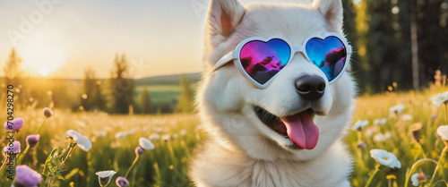 Dog wearing heart shaped sunglasses in a sunny meadow © KarlitoArt