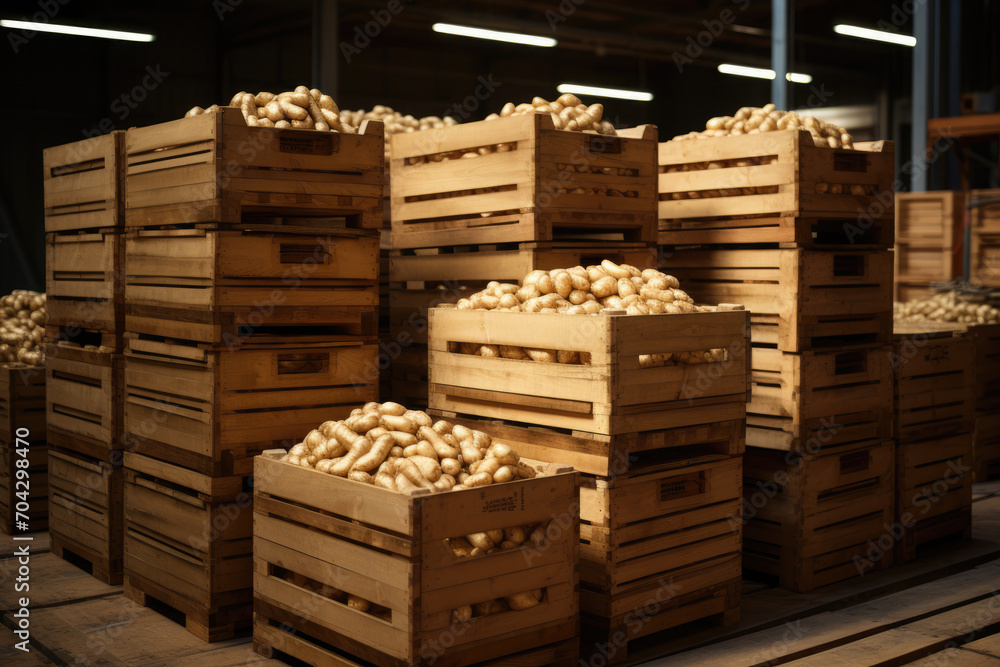Fresh organic potatoes in boxes in the warehouse Fresh organic potatoes in boxes in the warehouse