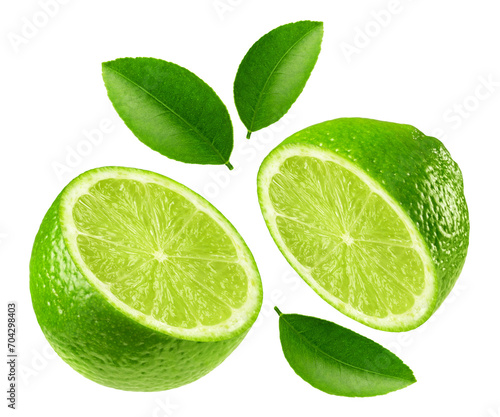 Lime isolated. Two halves of ripe lime with leaves on a transparent background. Fruit levitation. © Denis Petrovskikh