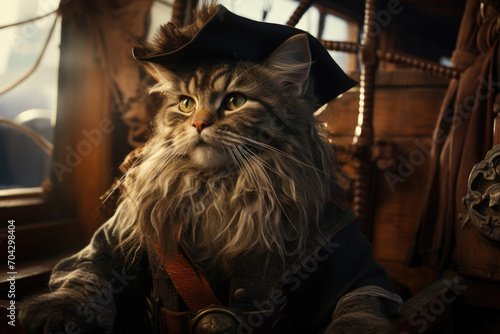 Cat in a pirate costume on a ship