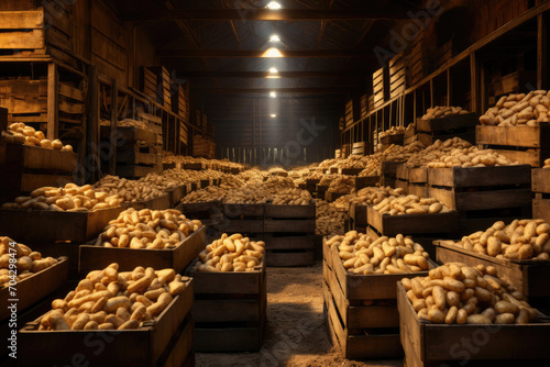 Fresh organic potatoes in boxes in the warehouse photo