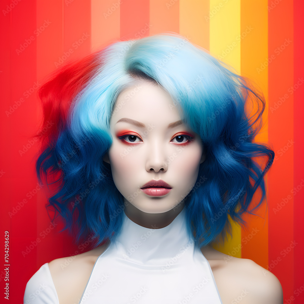 Portrait of a beautiful asian woman with blue hair and bright makeup ioslated on bright futuristic background Portrait of a beautiful asian woman with blue hair and bright makeup ioslated on bright futuristic background