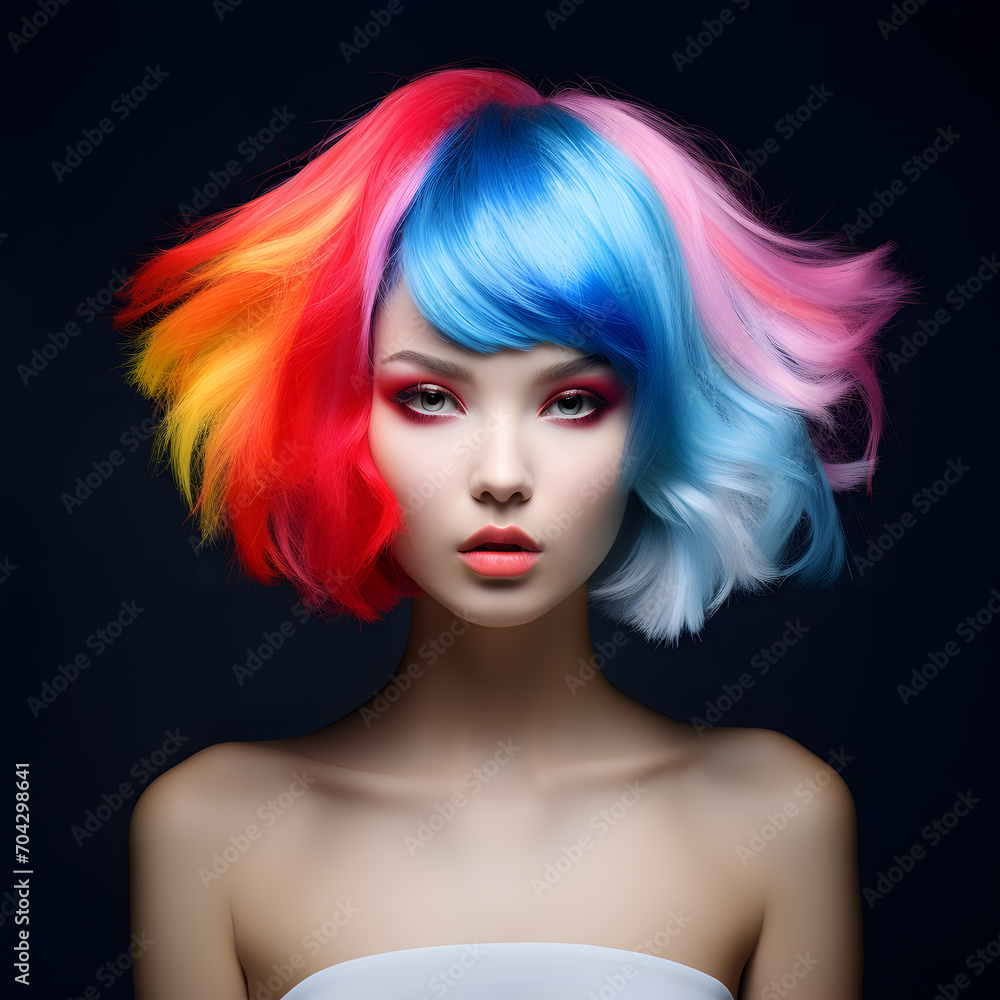 Portrait of a beautiful woman with colorful hair and bright makeup ioslated on bright futuristic background