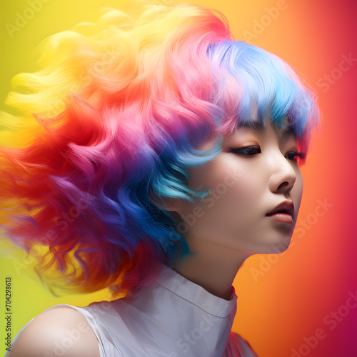 Portrait of a beautiful asian woman with colorful hair and bright makeup ioslated on bright futuristic background
