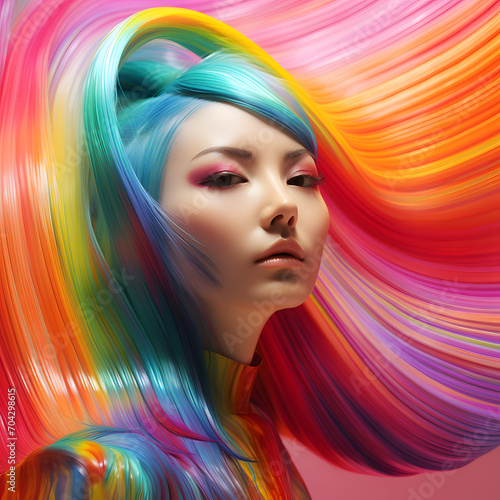 Portrait of a beautiful asian woman with colorful hair and bright makeup ioslated on bright futuristic background