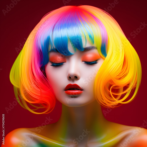 Portrait of a beautiful asian woman with colorful hair and bright makeup ioslated on bright futuristic background