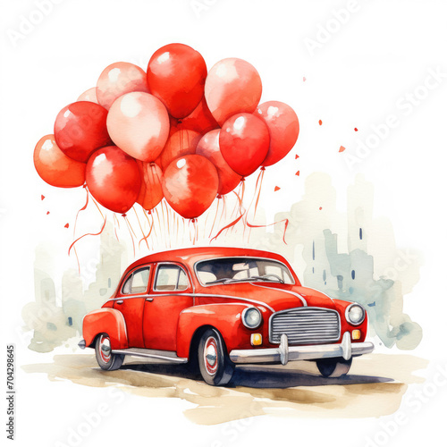 Red retro car with balloons in watercolor style