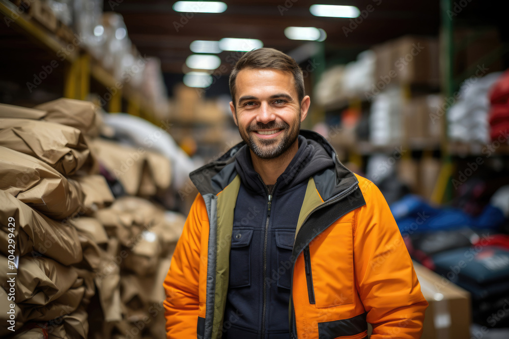 Smiling male warehouse worker in overalls Smiling male warehouse worker in overalls