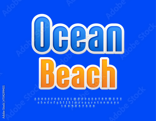Vector touristic banner Ocean Beach. Bright sticker Font. Stylish Blue Alphabet Letters and Numbers.