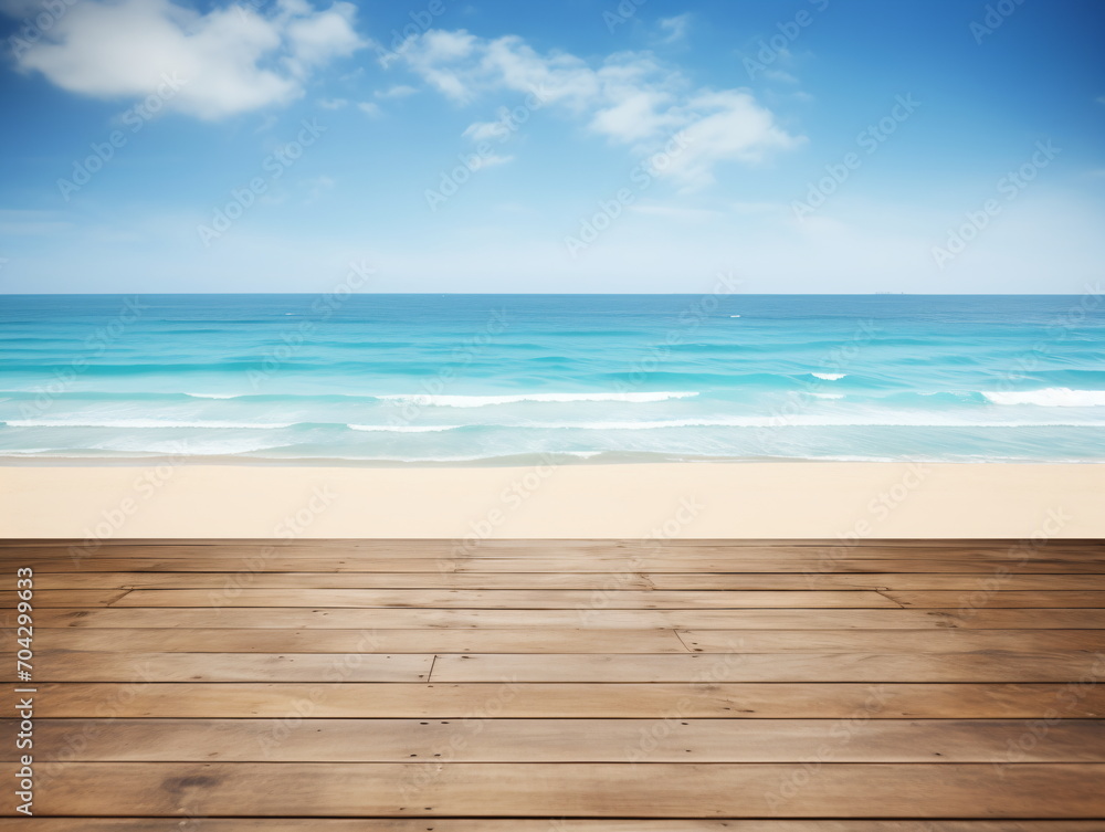Wooden dock over calm ocean with white clouds in background Wooden dock over calm ocean with white clouds in background