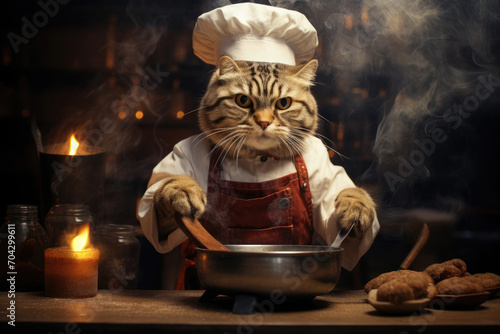 Funny cat cook cooking in the kitchen