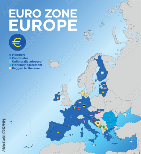 Euro Zone currency, year 2024, vector illustration, map of the european Euro Zone currency with flags, borders and territories