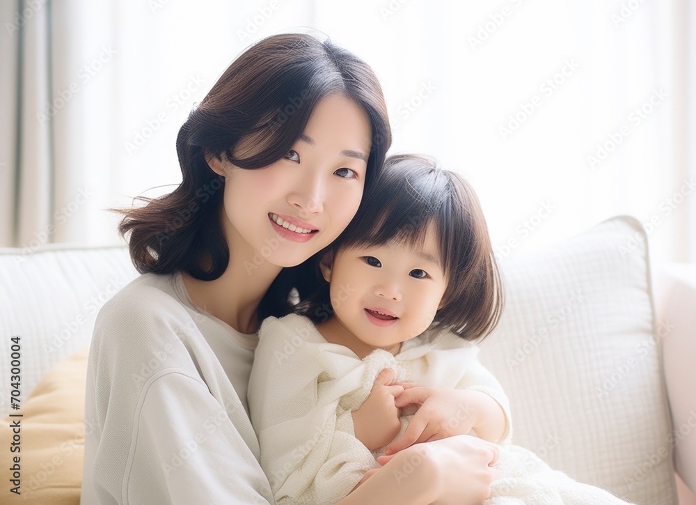 Asian mother hugging toddler daughter and playing together Asian mother hugging toddler daughter and playing together