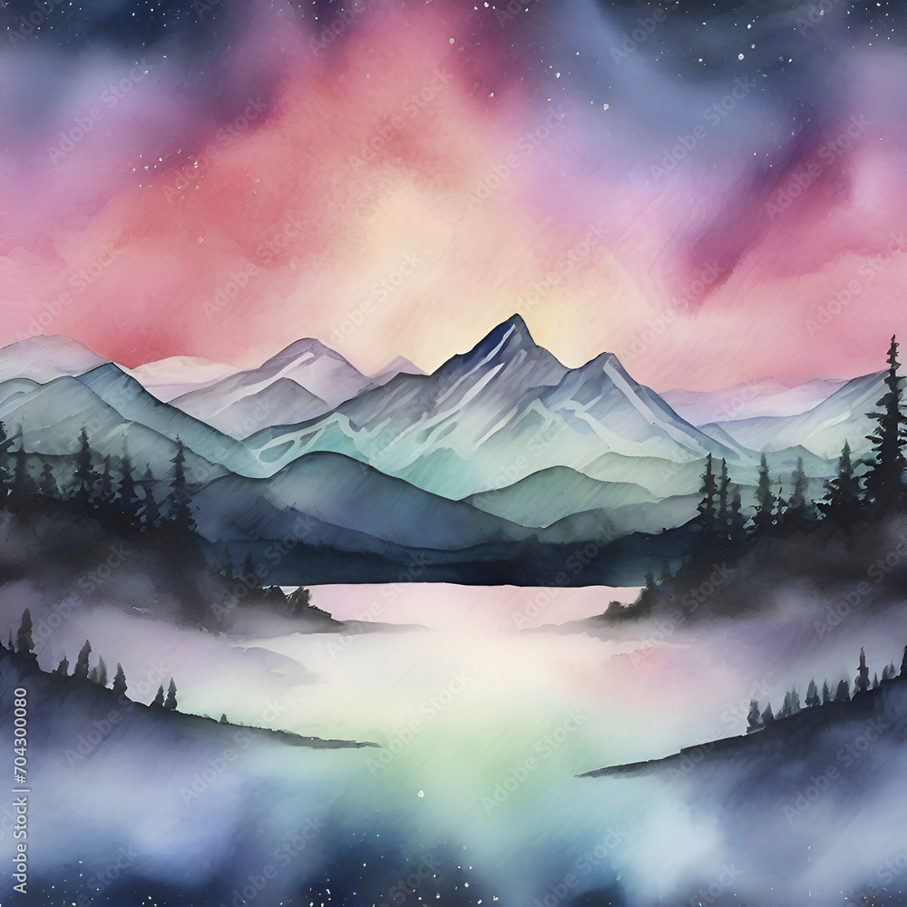 Watercolor of Aurora over the Mountain painting with Rubbing Alcohol technique. 