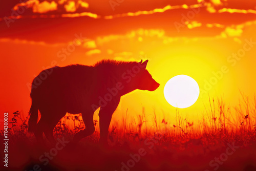 A hyena against the backdrop of a vibrant sunset