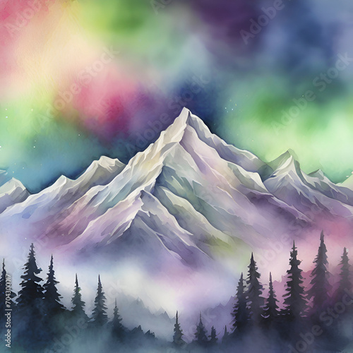 Εκτύπωση καμβά Watercolor of Aurora over the Mountain painting with Rubbing Alcohol technique