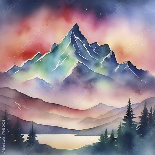 Φωτογραφία Watercolor of Aurora over the Mountain painting with Rubbing Alcohol technique