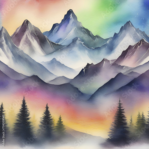 Φωτογραφία Watercolor of Aurora over the Mountain painting with Rubbing Alcohol technique