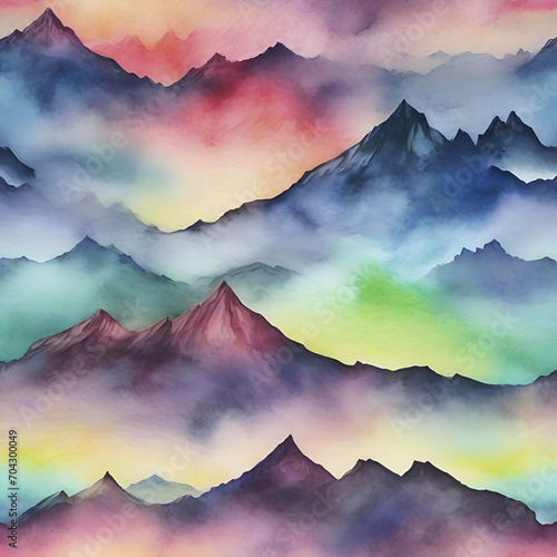 Watercolor of Aurora over the Mountain painting with Rubbing Alcohol technique.  photo