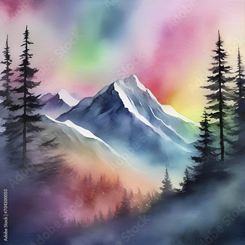 Εκτύπωση καμβά Watercolor of Aurora over the Mountain painting with Rubbing Alcohol technique