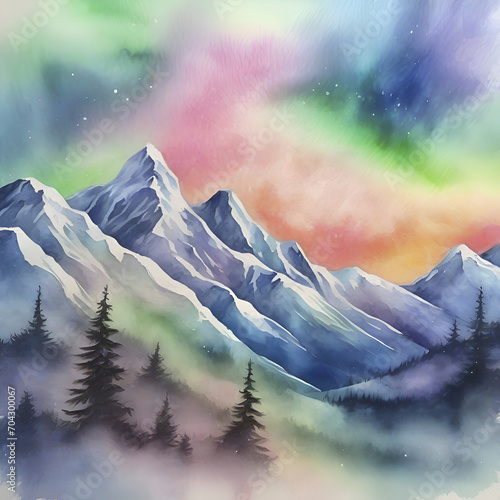 Εκτύπωση καμβά Watercolor of Aurora over the Mountain painting with Rubbing Alcohol technique