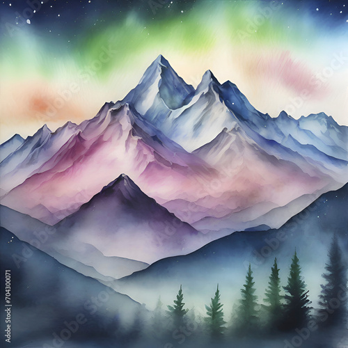 Φωτογραφία Watercolor of Aurora over the Mountain painting with Rubbing Alcohol technique