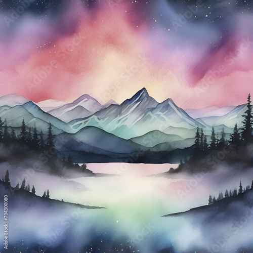 Φωτογραφία Watercolor of Aurora over the Mountain painting with Rubbing Alcohol technique