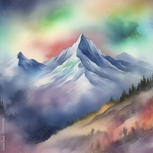 Φωτογραφία Watercolor of Aurora over the Mountain painting with Rubbing Alcohol technique