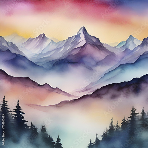 Εκτύπωση καμβά Watercolor of Aurora over the Mountain painting with Rubbing Alcohol technique