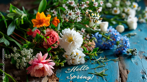 Spring flowers on a dark background with a place for the text "Hello, spring!"
