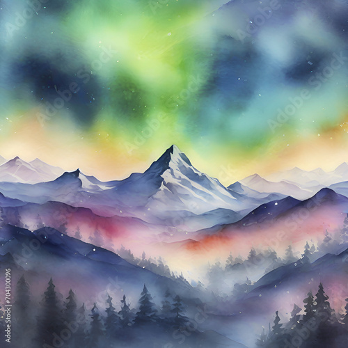 Εκτύπωση καμβά Watercolor of Aurora over the Mountain painting with Rubbing Alcohol technique