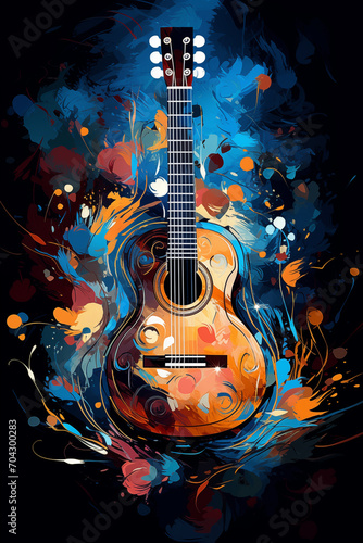 Acoustic Guitar Splatter Painting Stage Backdrop Elegance in Dark Cyan and Light Brown Hues