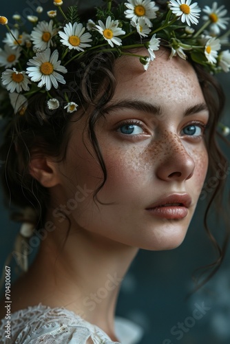 Portrait of beautiful caucasian young woman with camomile flowers in her dark hair. Concepts: beauty, skin, health, spa, cosmetology, makeup, fashion, perfumery, rejuvenation