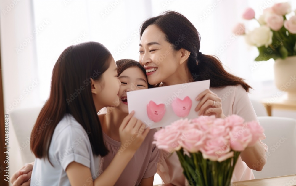 Mother and daughter exchange gifts and greeting cards on Mother's Day or Christmas Mother and daughter exchange gifts and greeting cards on Mother's Day or Christmas