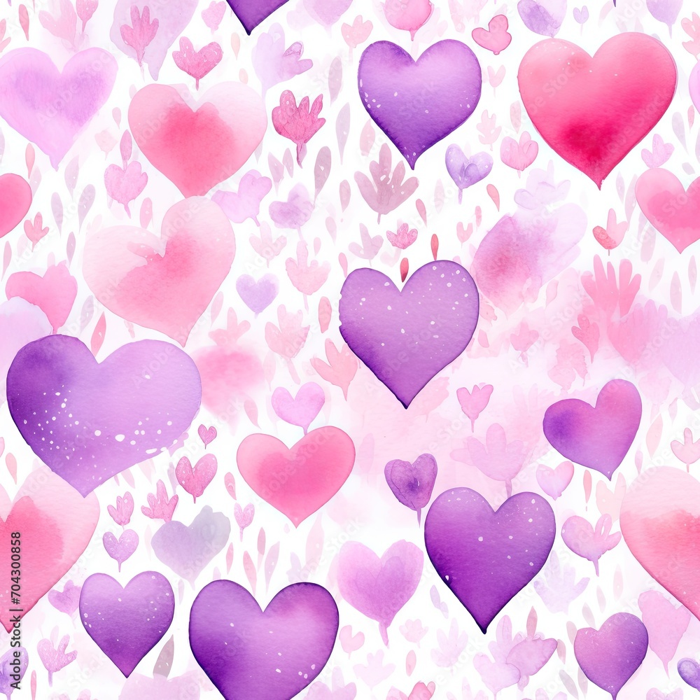 Abstract watercolor seamless pattern with pink, red and purple hearts. Love, Valentine day, wedding concept. Romantic background for print, design greeting card, textile, paper, banner, flyer