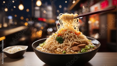 photo of a bowl of asian noodles against the background of an asian tradional market made by AI generative