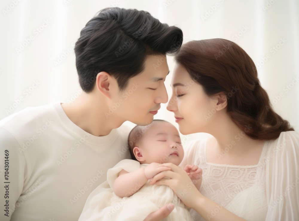 Parents holding newborn baby in arms, Peaceful young married couple enjoying being family Parents holding newborn baby in arms, Peaceful young married couple enjoying being family